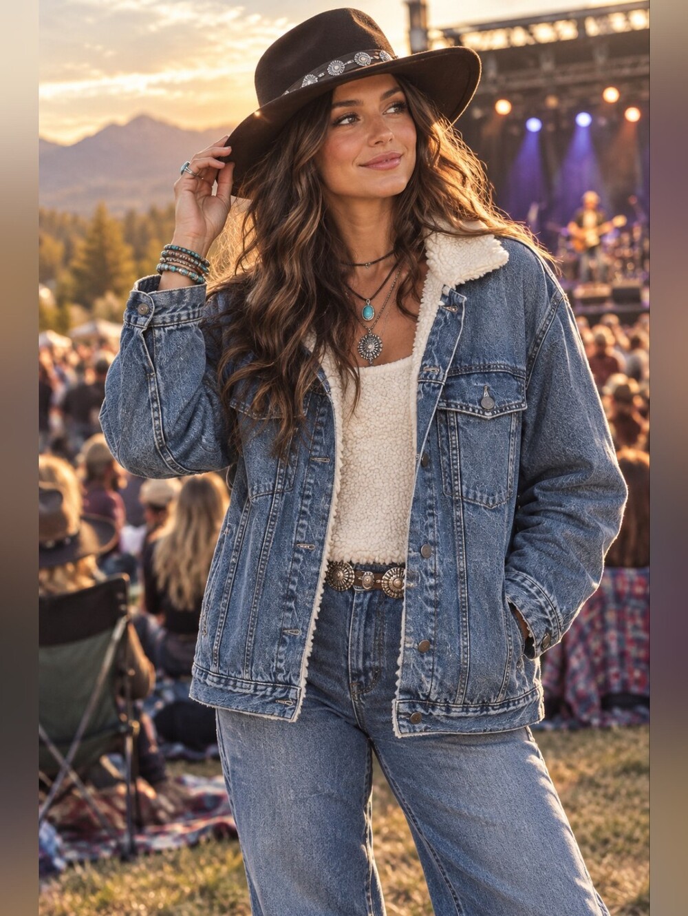 H&M Cream and Light Blue Sherpa-Lined Denim Jacket
